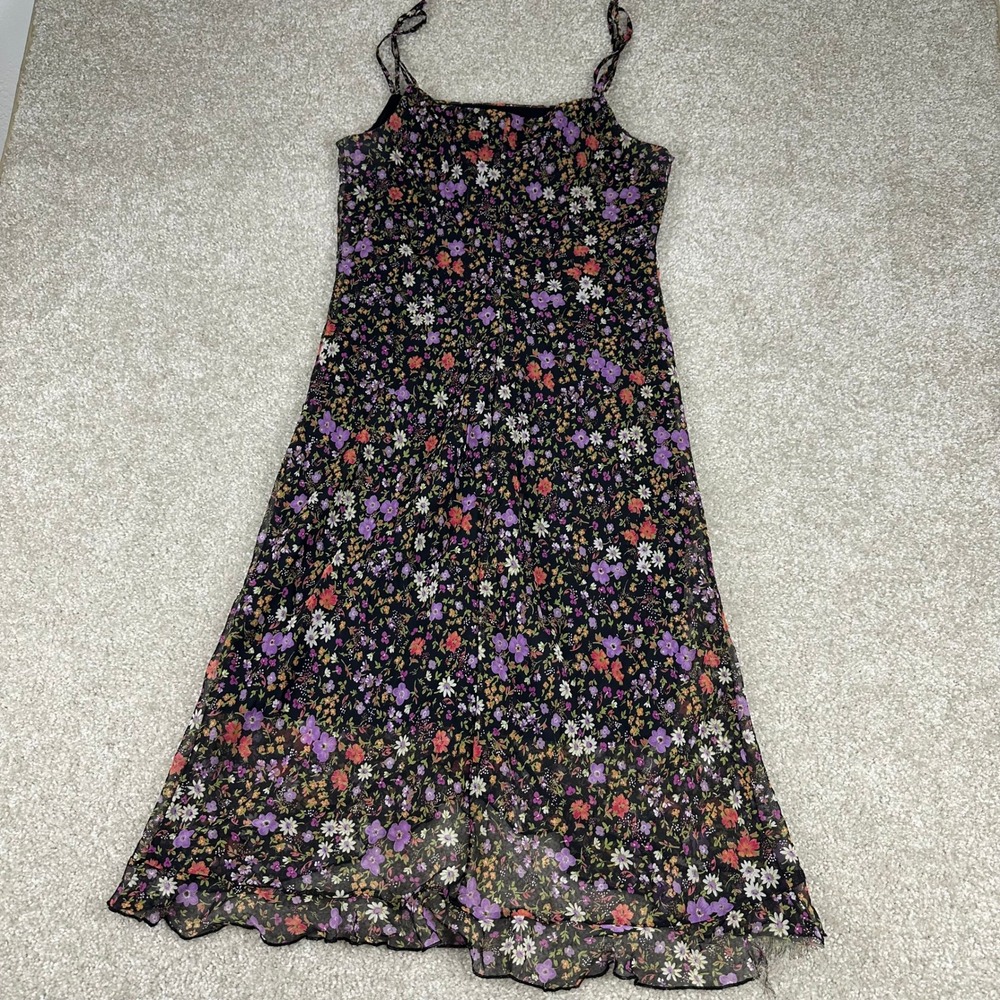 City Triangles Vintage 90s Floral Chiffon Ruffle Midi Dress Black Purple Size 11 - Picture 10 of 12